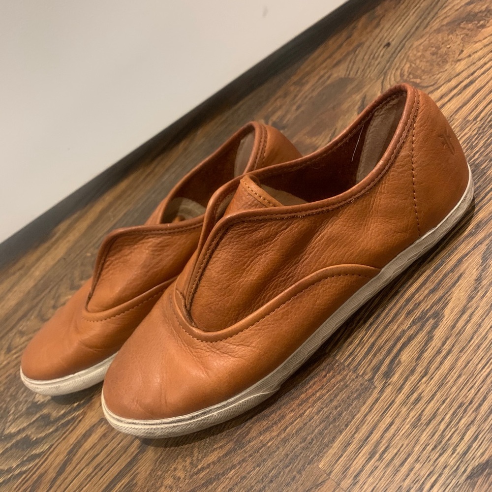 Frye Leather Mindy Slip-Ons in Cognac